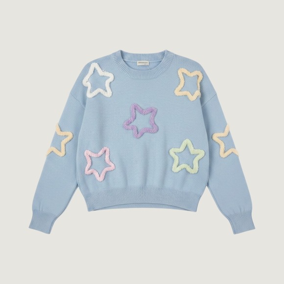 Dreamers By Debut Sweaters - Dreamers by Debut Pastel Chenille Star Knit Sweater Light Blue Crewneck Small